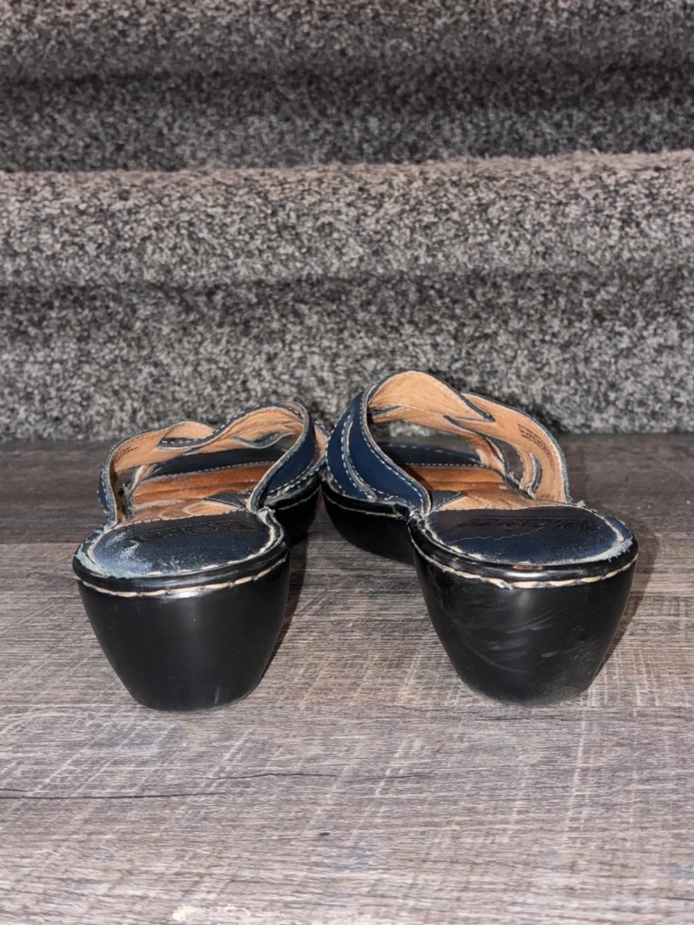Born Womens Navy Blue Leather Strappy Wedge Slide Sandals W4046 - size 8